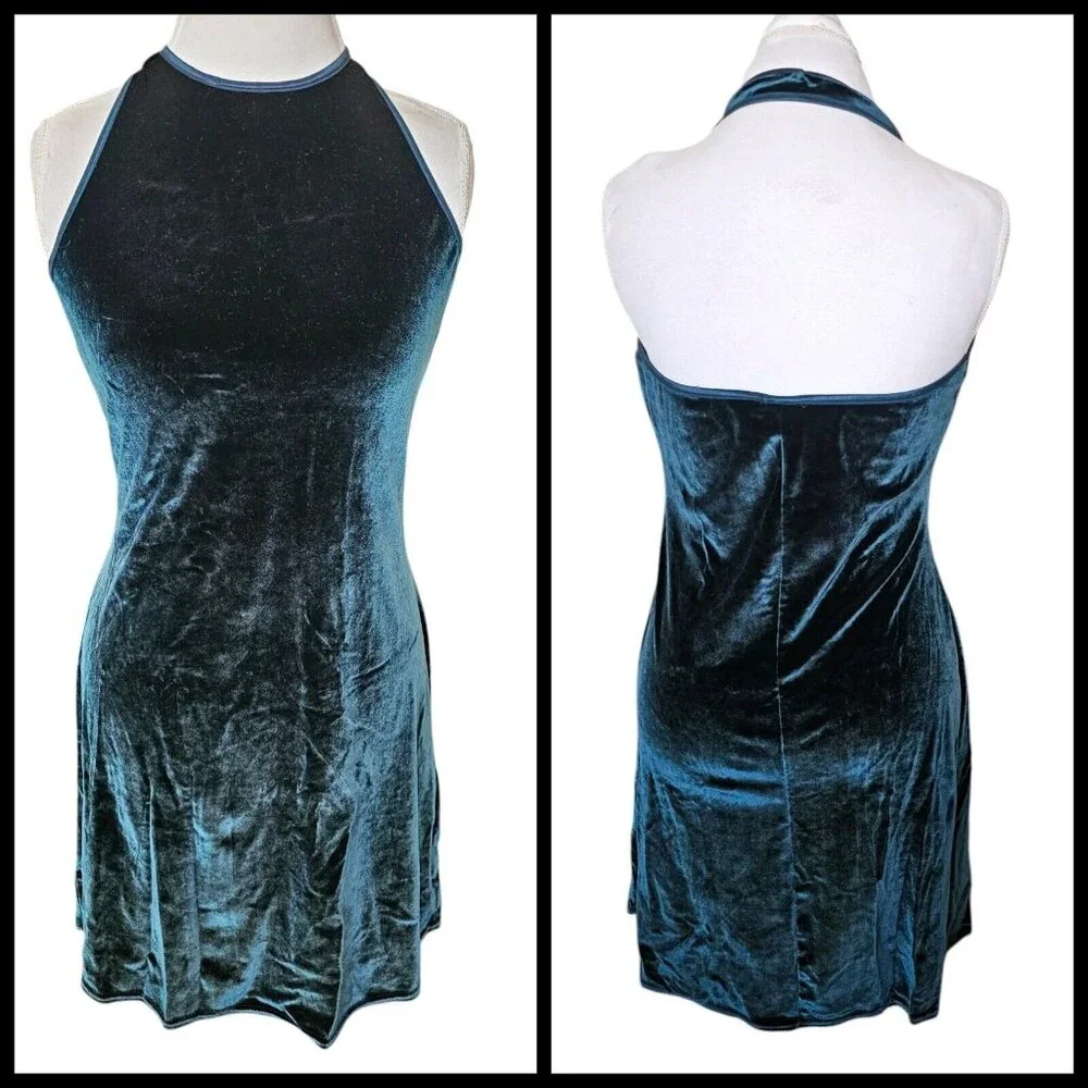 90s Womens Medium Velvet Halter Mini Dress Dark Green Stretchy Party Formal - Picture 10 of 10